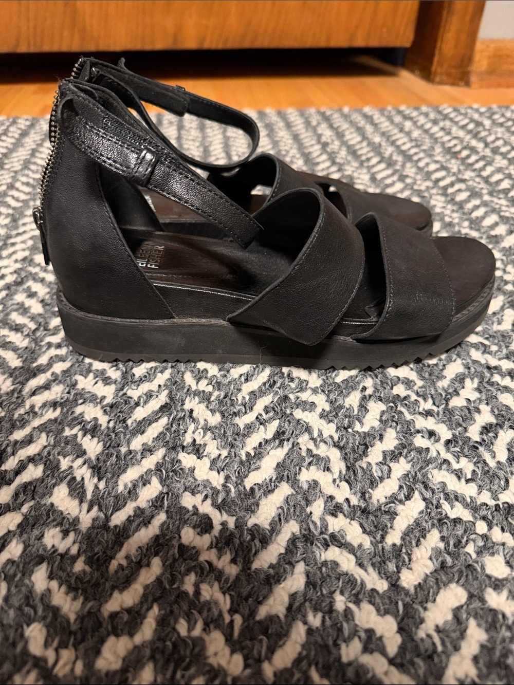 Eileen Fisher Black Leather Wide-Strap Platform Sandals - Picture 2 of 5